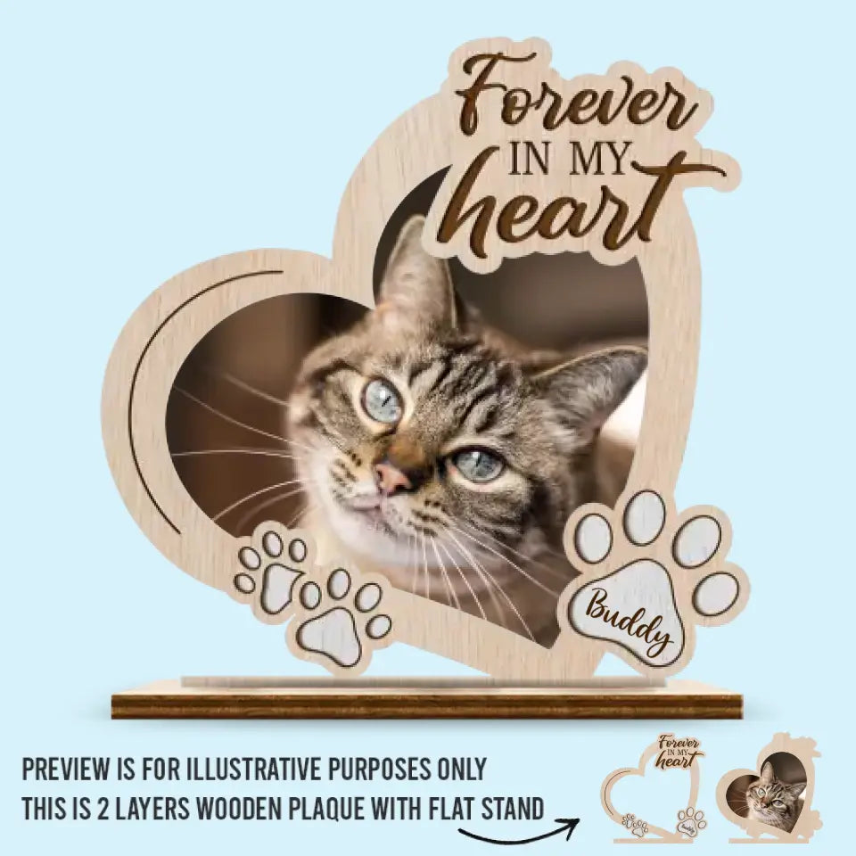 Photo personnalisée « Pour toujours dans mon cœur » – Plaque commémorative personnalisée en bois à 2 couches avec support plat – Cadeau de pendaison de crémaillère pour propriétaires et amoureux des animaux