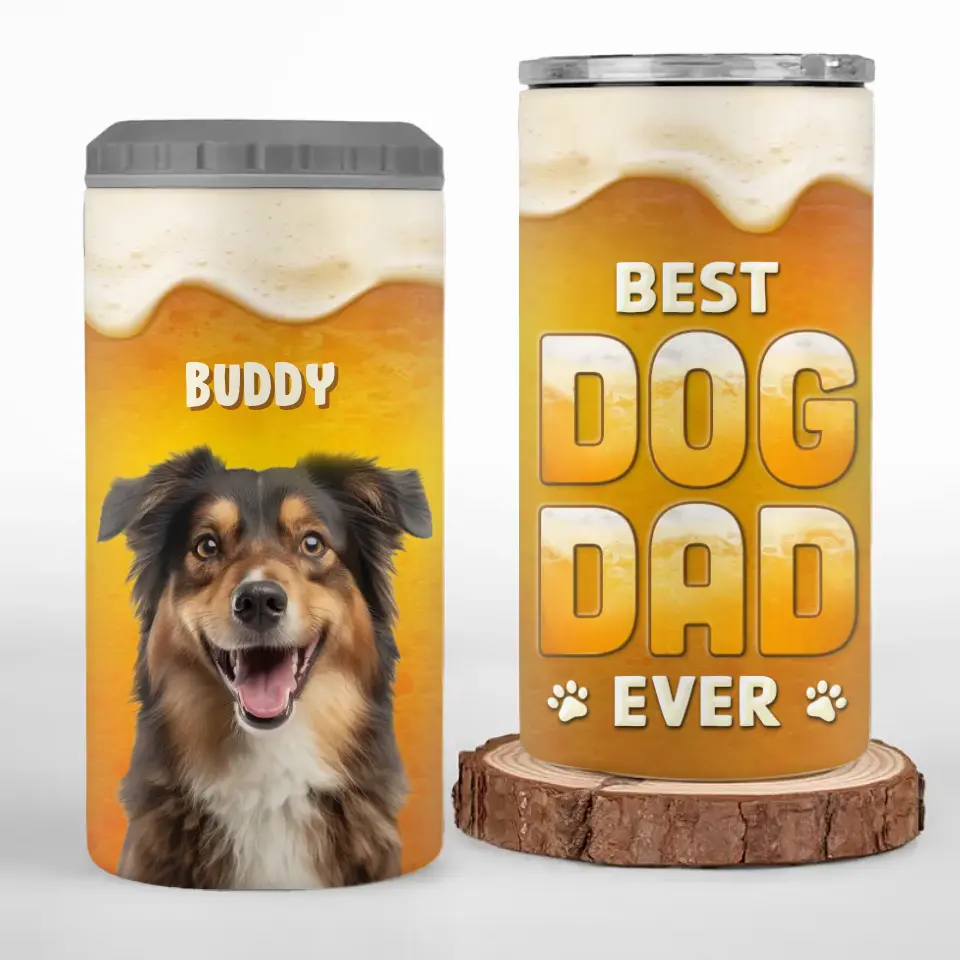 Photo personnalisée de chien, père, amateur de bière – Gobelet isotherme 4 en 1 personnalisé pour chien – Cadeau pour la fête des pères, pour les propriétaires d'animaux et les amoureux des animaux