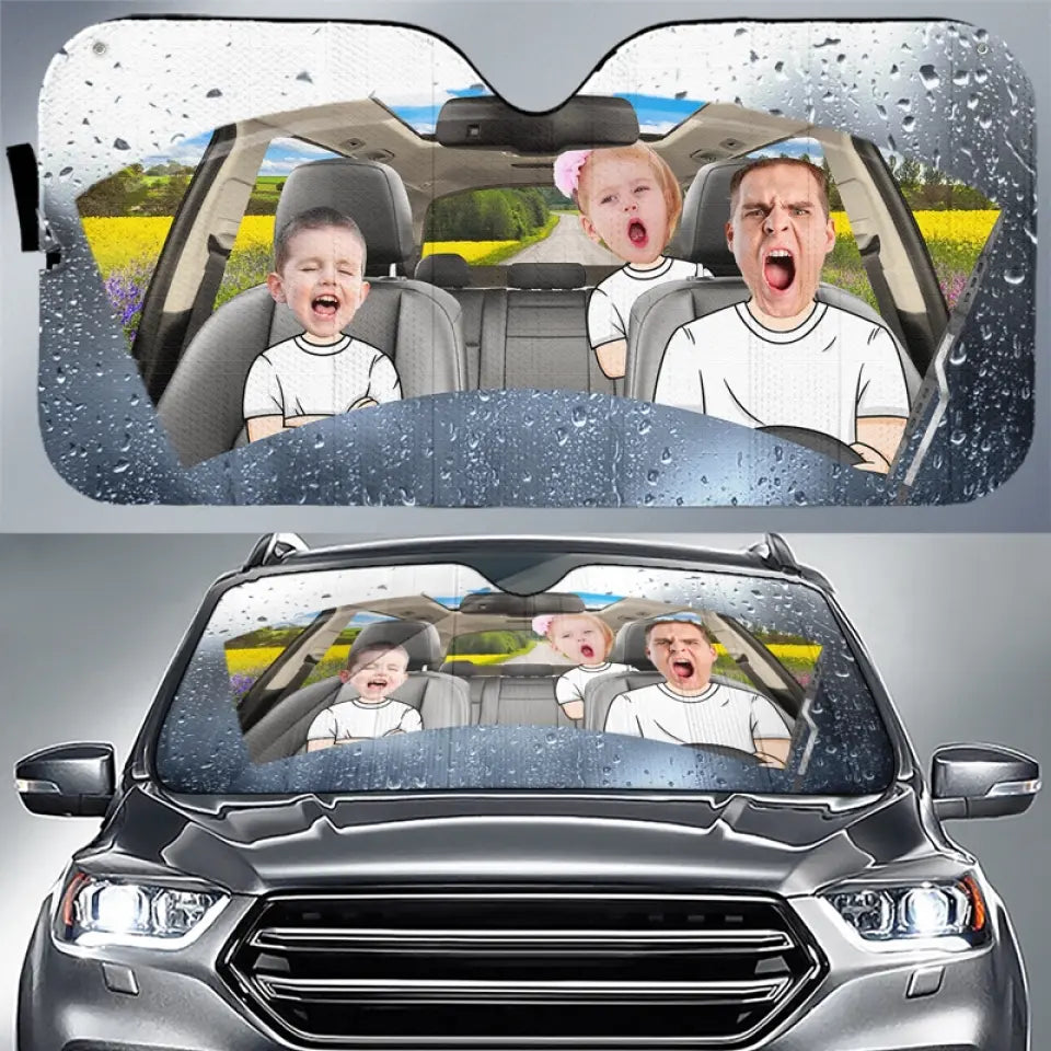 Photo personnalisée : quatre roues, un lien familial – Pare-soleil personnalisé pour pare-brise de voiture, protection de fenêtre de voiture – Cadeau pour les membres de la famille