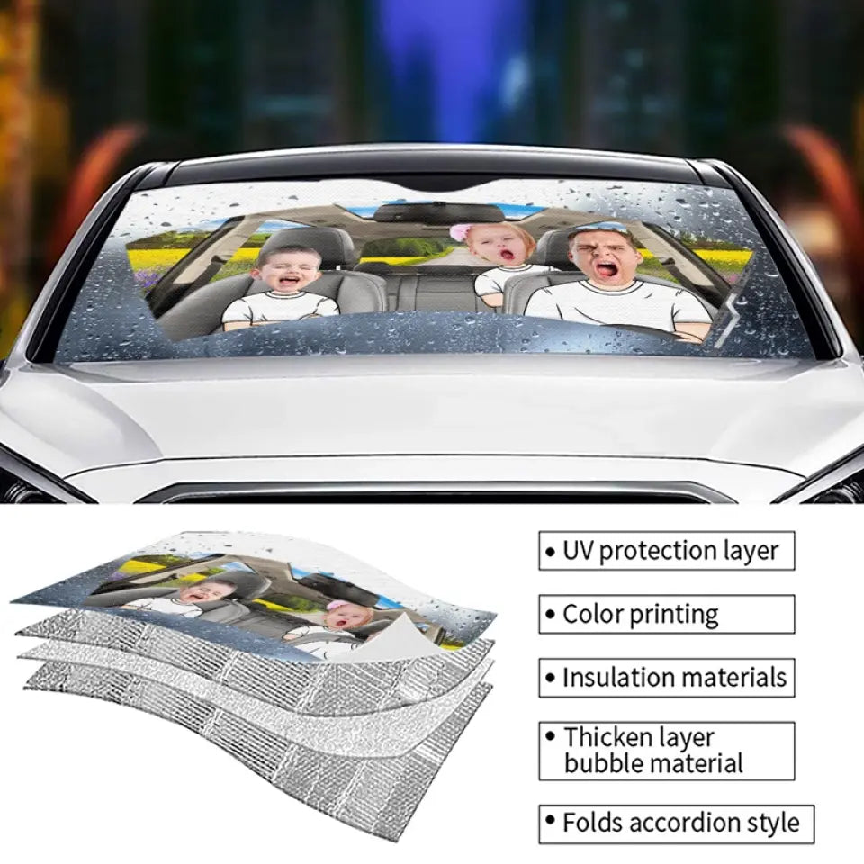 Photo personnalisée : quatre roues, un lien familial – Pare-soleil personnalisé pour pare-brise de voiture, protection de fenêtre de voiture – Cadeau pour les membres de la famille