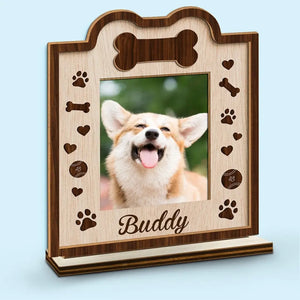Photo personnalisée « Nos animaux sont notre famille » - Plaque en bois personnalisée à 2 couches avec support plat pour chien et chat - Cadeau de pendaison de crémaillère pour propriétaires et amoureux des animaux