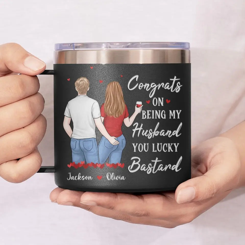 Je t'aime jour après jour - Gobelet personnalisé en acier inoxydable de 14 oz avec poignée - Cadeau pour mari et femme, anniversaire