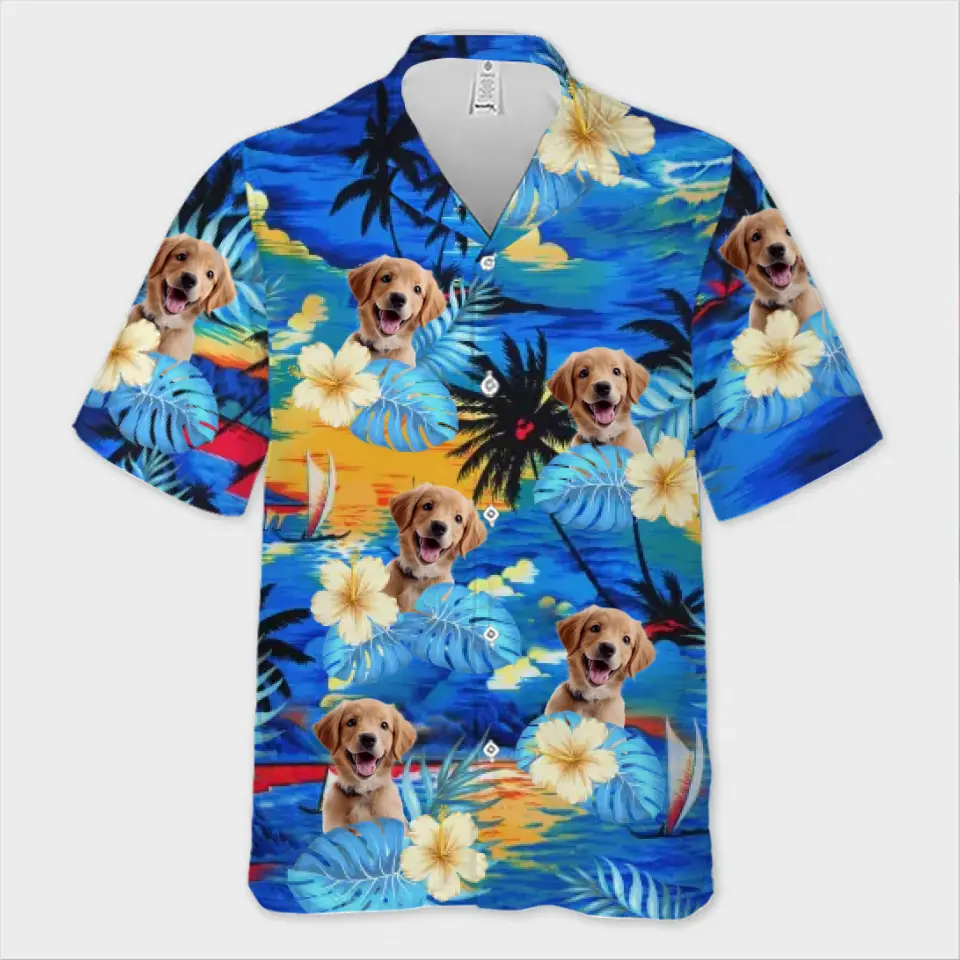 T-shirt hawaïen unisexe personnalisé avec photo « Oubliez la ville, profitez de l'été » pour chien et chat - Cadeau idéal pour les vacances d'été, les propriétaires d'animaux et les amoureux des animaux.
