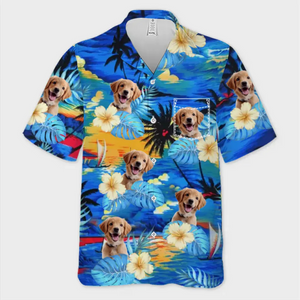 T-shirt hawaïen unisexe personnalisé avec photo « Oubliez la ville, profitez de l'été » pour chien et chat - Cadeau idéal pour les vacances d'été, les propriétaires d'animaux et les amoureux des animaux.
