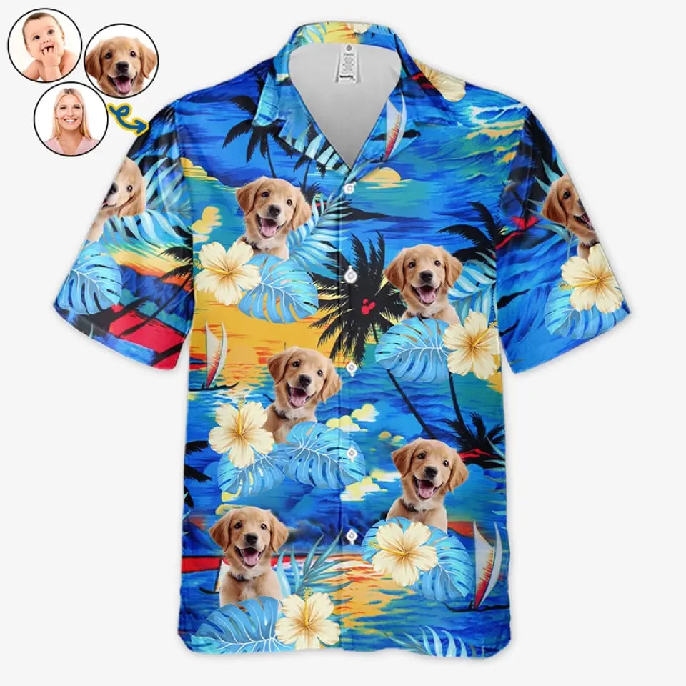 T-shirt hawaïen unisexe personnalisé avec photo « Oubliez la ville, profitez de l'été » pour chien et chat - Cadeau idéal pour les vacances d'été, les propriétaires d'animaux et les amoureux des animaux.