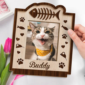 Photo personnalisée « Nos animaux sont notre famille » - Plaque en bois personnalisée à 2 couches avec support plat pour chien et chat - Cadeau de pendaison de crémaillère pour propriétaires et amoureux des animaux