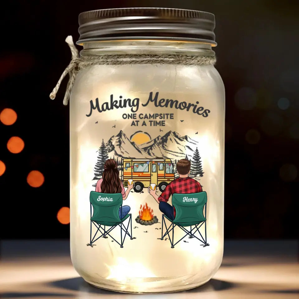 Créer des souvenirs ensemble, côte à côte - Lampe de camping personnalisée en pot Mason - Cadeau pour couple, mari, femme, amoureux du camping