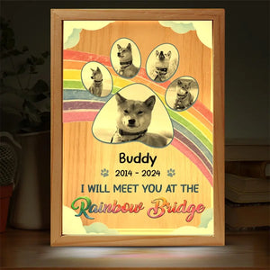 Photo personnalisée « Je te rencontre vraiment au pont arc-en-ciel » - Cadre photo personnalisé commémoratif avec boîte lumineuse - Cadeau de condoléances pour les propriétaires et les amoureux des animaux