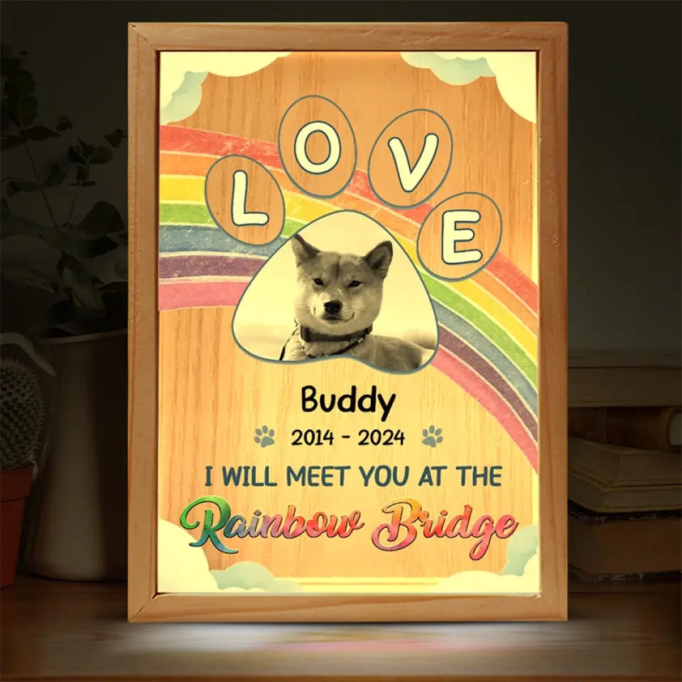 Photo personnalisée « Je te rencontre vraiment au pont arc-en-ciel » - Cadre photo personnalisé commémoratif avec boîte lumineuse - Cadeau de condoléances pour les propriétaires et les amoureux des animaux