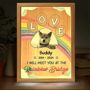 Photo personnalisée « Je te rencontre vraiment au pont arc-en-ciel » - Cadre photo personnalisé commémoratif avec boîte lumineuse - Cadeau de condoléances pour les propriétaires et les amoureux des animaux