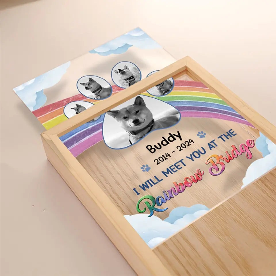 Photo personnalisée « Je te rencontre vraiment au pont arc-en-ciel » - Cadre photo personnalisé commémoratif avec boîte lumineuse - Cadeau de condoléances pour les propriétaires et les amoureux des animaux