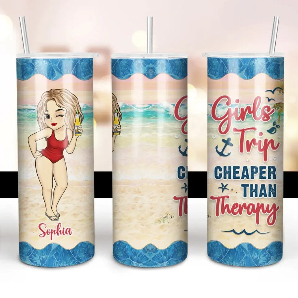 Voyage entre filles moins cher qu'une thérapie - Gobelet fin personnalisé pour meilleure amie - Cadeau de vacances d'été pour meilleures amies, meilleures amies et sœurs