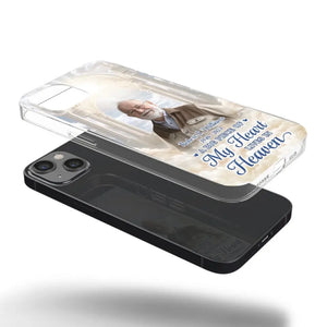 Photo personnalisée : « Un gros morceau de mon cœur vit au paradis » – Étui de téléphone transparent personnalisé commémoratif – Cadeau de condoléances pour les membres de la famille