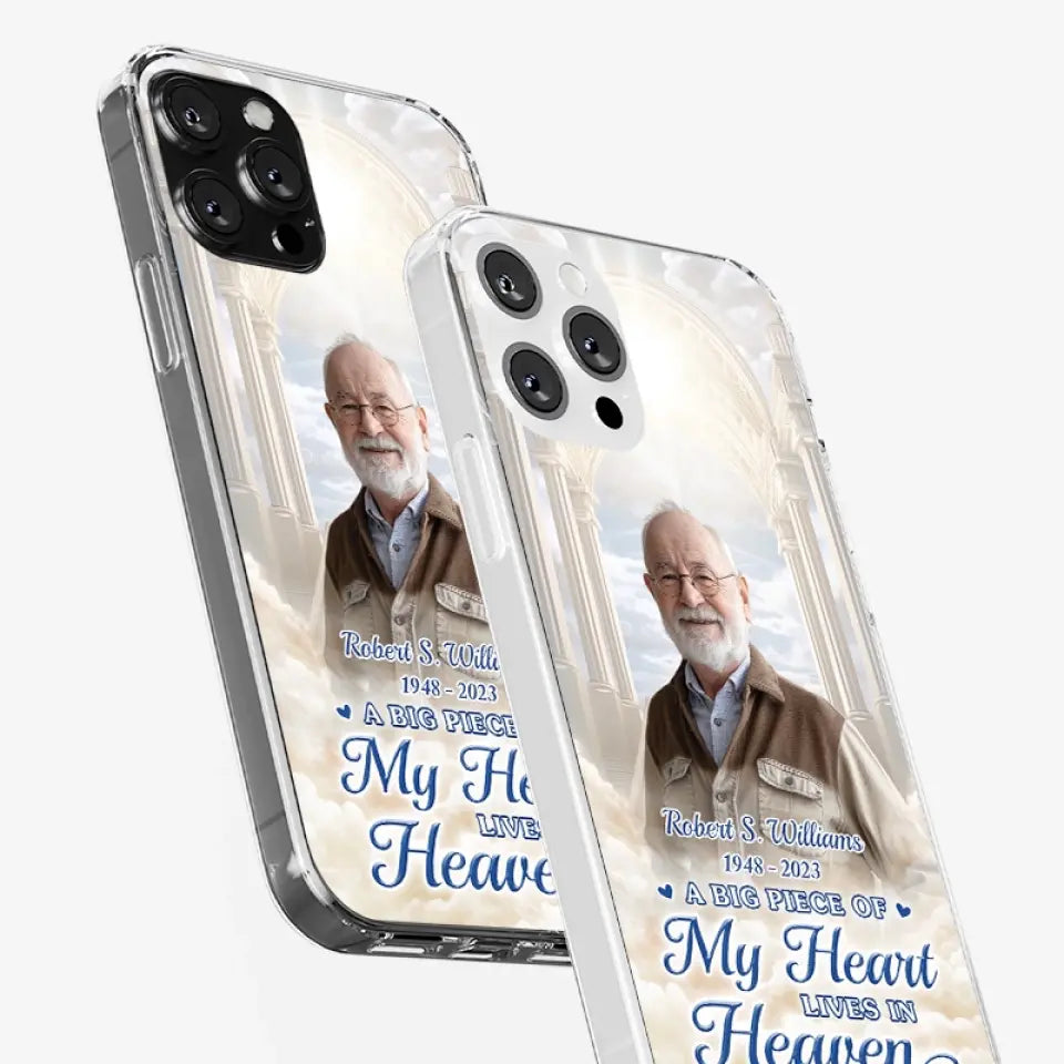 Photo personnalisée : « Un gros morceau de mon cœur vit au paradis » – Étui de téléphone transparent personnalisé commémoratif – Cadeau de condoléances pour les membres de la famille
