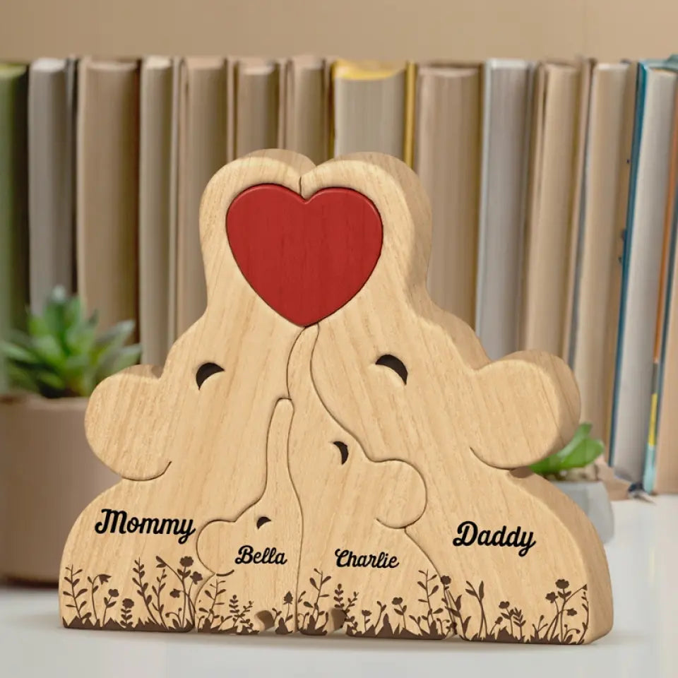 La famille est la chose la plus importante - Puzzle en bois personnalisé en forme d'éléphant - Sculptures d'animaux en bois, ornements de table en sculpture sur bois, décoration en bois sculpté - Cadeau pour les membres de la famille