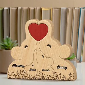La famille est la chose la plus importante - Puzzle en bois personnalisé en forme d'éléphant - Sculptures d'animaux en bois, ornements de table en sculpture sur bois, décoration en bois sculpté - Cadeau pour les membres de la famille