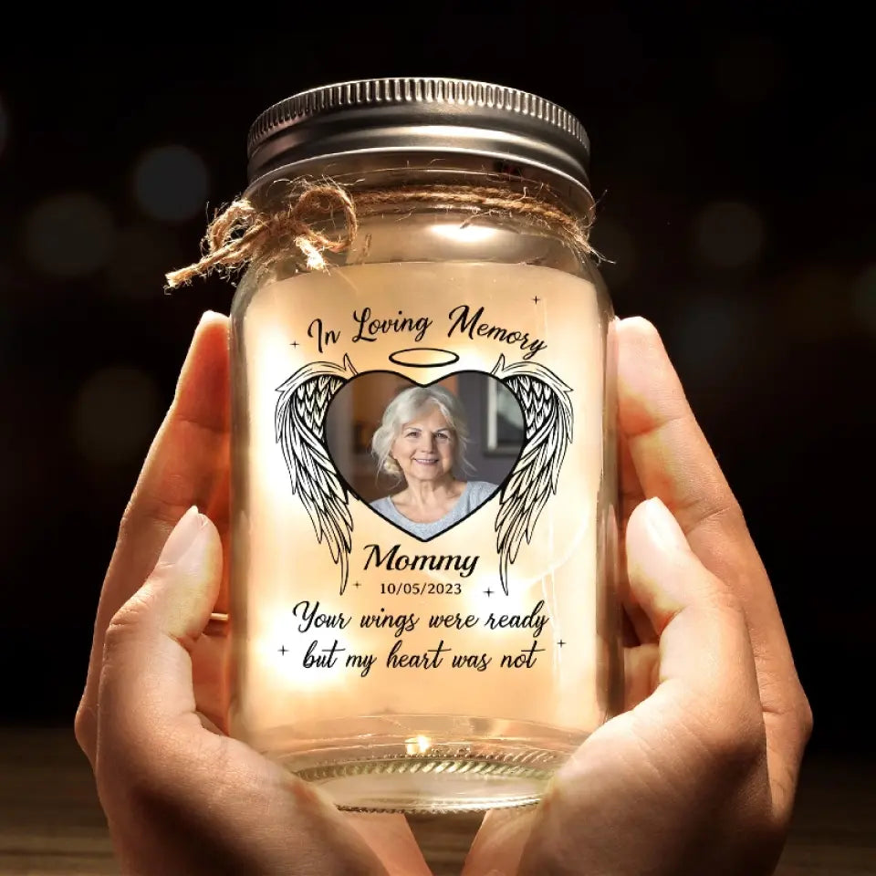 Photo personnalisée à jamais gravée dans nos cœurs - Lampe commémorative personnalisée en pot Mason - Cadeau de condoléances pour les membres de la famille