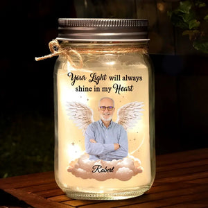 Ange photo personnalisé d'en haut, veille sur moi avec amour - Lampe commémorative personnalisée en pot Mason - Cadeau de condoléances pour les membres de la famille