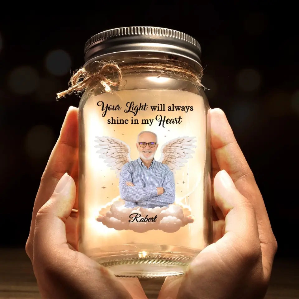 Ange photo personnalisé d'en haut, veille sur moi avec amour - Lampe commémorative personnalisée en pot Mason - Cadeau de condoléances pour les membres de la famille