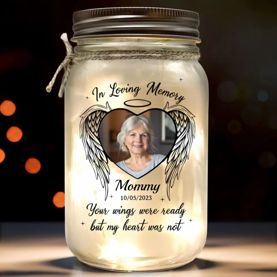 Photo personnalisée à jamais gravée dans nos cœurs - Lampe commémorative personnalisée en pot Mason - Cadeau de condoléances pour les membres de la famille