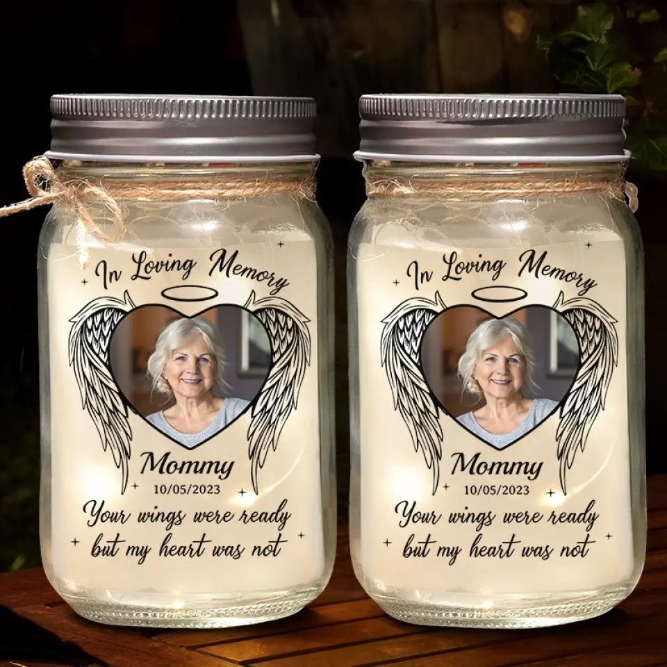 Photo personnalisée à jamais gravée dans nos cœurs - Lampe commémorative personnalisée en pot Mason - Cadeau de condoléances pour les membres de la famille