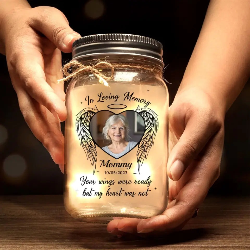 Photo personnalisée à jamais gravée dans nos cœurs - Lampe commémorative personnalisée en pot Mason - Cadeau de condoléances pour les membres de la famille