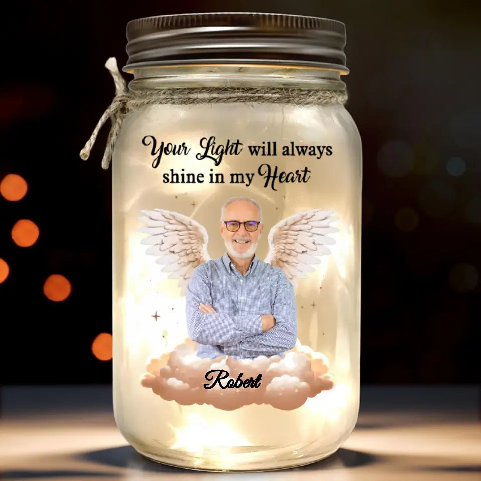 Ange photo personnalisé d'en haut, veille sur moi avec amour - Lampe commémorative personnalisée en pot Mason - Cadeau de condoléances pour les membres de la famille