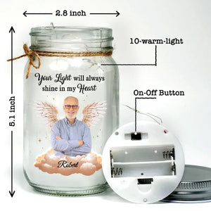 Ange photo personnalisé d'en haut, veille sur moi avec amour - Lampe commémorative personnalisée en pot Mason - Cadeau de condoléances pour les membres de la famille