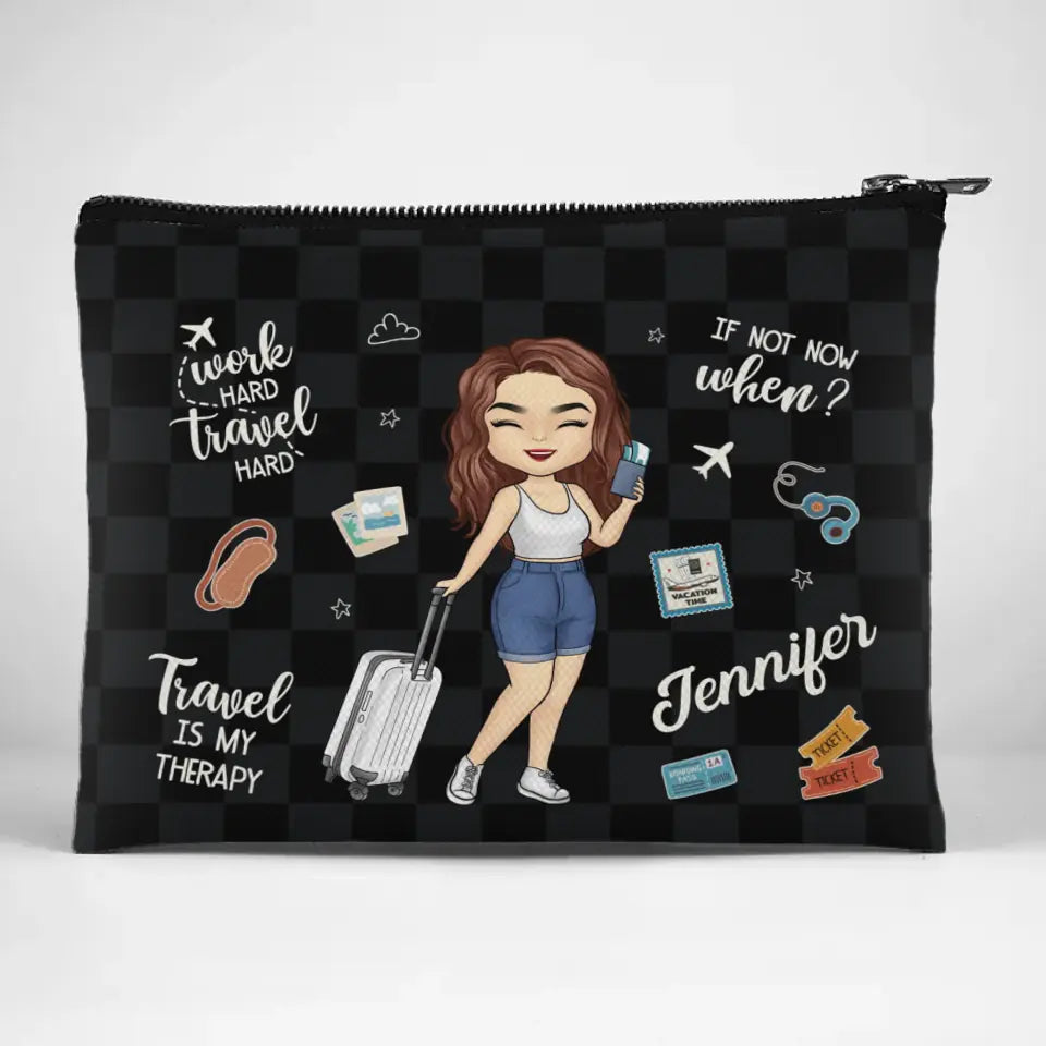 Travaillez dur, voyagez dur - Trousse de maquillage personnalisée - Cadeau de vacances, cadeau pour les amateurs de voyages d'aventure