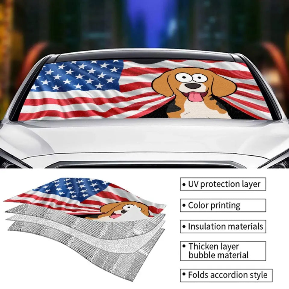 Terre de liberté et de fourrure - Pare-soleil personnalisé pour pare-brise de voiture, protection de vitre de voiture - 4 juillet, cadeau pour les propriétaires d'animaux et les amoureux des animaux