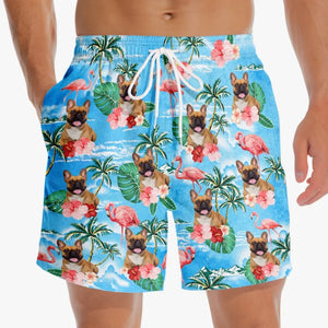 Short de plage hawaïen personnalisé avec photo et queues qui remuent - Short de plage hawaïen tropical Aloha pour homme, personnalisé avec chien et chat - Cadeau de vacances d'été, cadeau d'anniversaire pour propriétaires d'animaux et amoureux des animaux