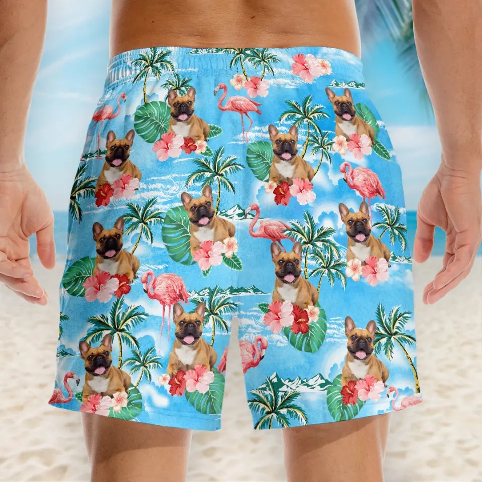 Short de plage hawaïen personnalisé avec photo et queues qui remuent - Short de plage hawaïen tropical Aloha pour homme, personnalisé avec chien et chat - Cadeau de vacances d'été, cadeau d'anniversaire pour propriétaires d'animaux et amoureux des animaux
