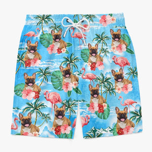 Short de plage hawaïen personnalisé avec photo et queues qui remuent - Short de plage hawaïen tropical Aloha pour homme, personnalisé avec chien et chat - Cadeau de vacances d'été, cadeau d'anniversaire pour propriétaires d'animaux et amoureux des animaux
