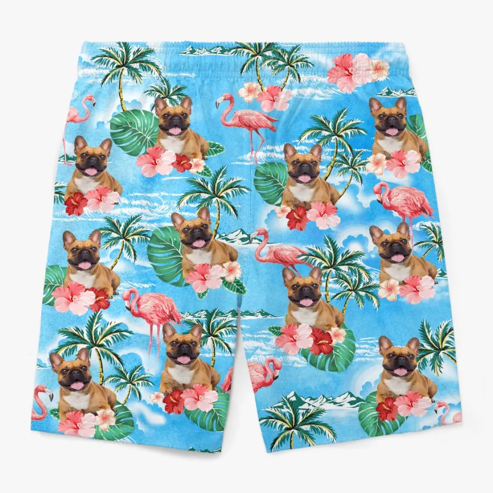 Short de plage hawaïen personnalisé avec photo et queues qui remuent - Short de plage hawaïen tropical Aloha pour homme, personnalisé avec chien et chat - Cadeau de vacances d'été, cadeau d'anniversaire pour propriétaires d'animaux et amoureux des animaux