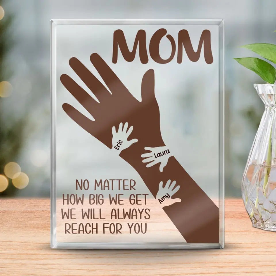 Ta main tient nos petits cœurs - Plaque rectangulaire personnalisée en acrylique pour famille - Cadeau pour maman, grand-mère