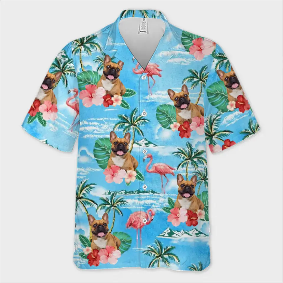 T-shirt hawaïen tropical unisexe personnalisé avec photo « Plage » - Cadeau idéal pour les vacances d'été, les anniversaires, les enfants, les propriétaires d'animaux et les amoureux des animaux.