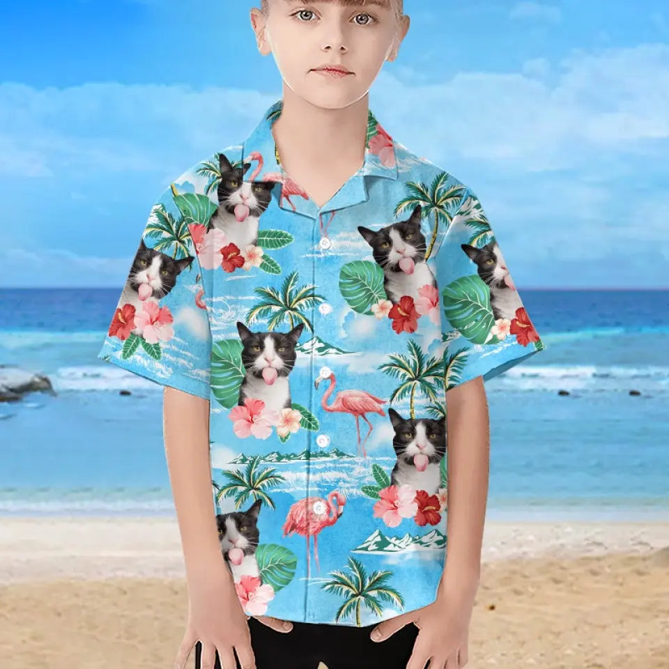 T-shirt hawaïen tropical unisexe personnalisé avec photo « Plage » - Cadeau idéal pour les vacances d'été, les anniversaires, les enfants, les propriétaires d'animaux et les amoureux des animaux.