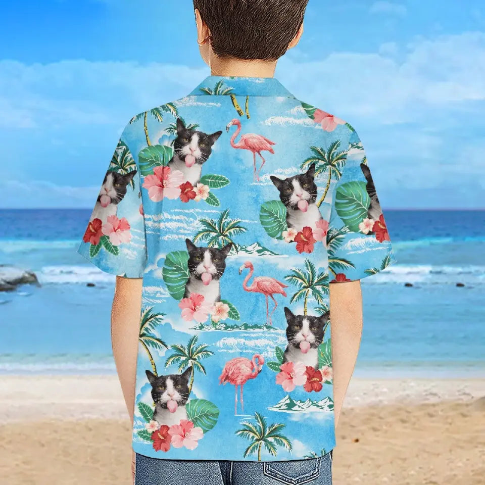 T-shirt hawaïen tropical unisexe personnalisé avec photo « Plage » - Cadeau idéal pour les vacances d'été, les anniversaires, les enfants, les propriétaires d'animaux et les amoureux des animaux.