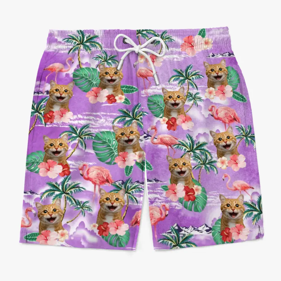 Short de plage hawaïen personnalisé avec photo et queues qui remuent - Short de plage hawaïen tropical Aloha pour homme, personnalisé avec chien et chat - Cadeau de vacances d'été, cadeau d'anniversaire pour propriétaires d'animaux et amoureux des animaux