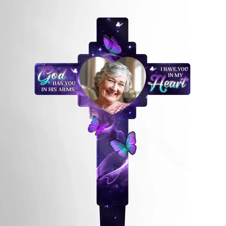 Photo personnalisée dans nos cœurs pour toujours - Piquet de jardin en acrylique personnalisé de style vitrail - Cadeau de condoléances pour les membres de la famille