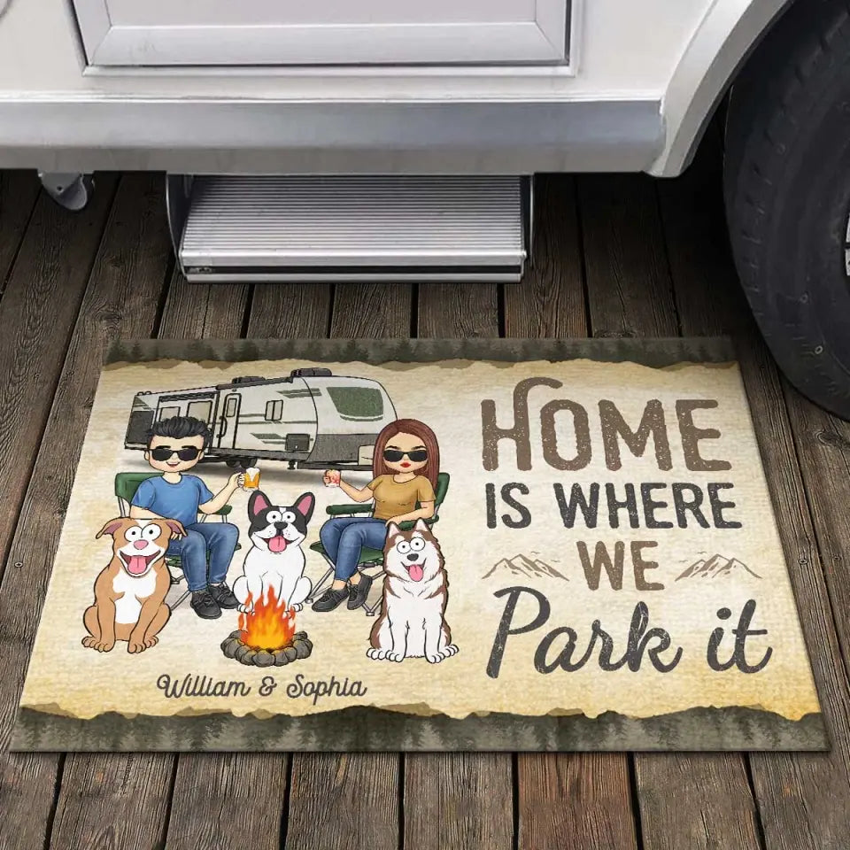 La maison est là où nous la garons - Tapis décoratif personnalisé pour la décoration intérieure - Cadeau de pendaison de crémaillère pour mari, femme, amoureux du camping, propriétaires d'animaux, amoureux des animaux