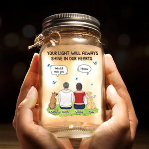 Votre lumière brillera toujours dans nos cœurs - Lampe commémorative personnalisée en pot Mason - Cadeau de condoléances pour les propriétaires d'animaux et les amoureux des animaux