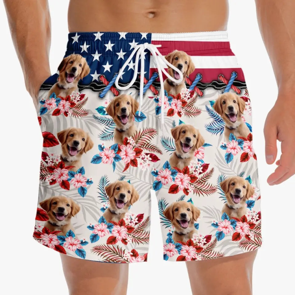 Short de plage hawaïen personnalisé avec photo « Profitez de l'été » pour chien et chat, motif tropical Aloha pour homme - Cadeau pour le 4 juillet, pour les vacances d'été, pour un anniversaire ou pour les amoureux des animaux.