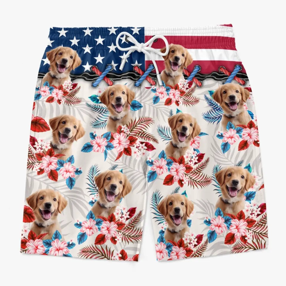 Short de plage hawaïen personnalisé avec photo « Profitez de l'été » pour chien et chat, motif tropical Aloha pour homme - Cadeau pour le 4 juillet, pour les vacances d'été, pour un anniversaire ou pour les amoureux des animaux.