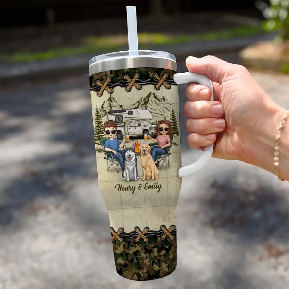 Toi, moi et le chien - Gobelet personnalisé en acier inoxydable de 113 g avec poignée - Cadeau pour mari, femme, amoureux du camping, propriétaires d'animaux de compagnie