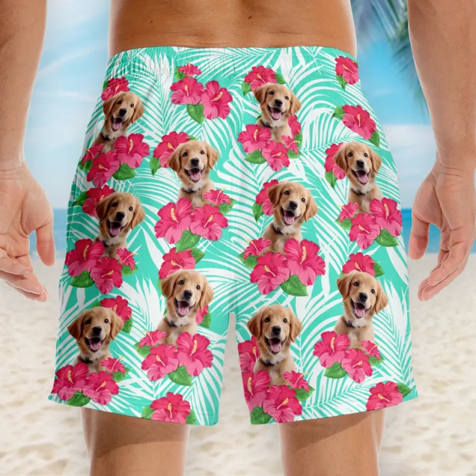Short de plage hawaïen personnalisé avec photo « Que l'été commence » pour chien et chat, short de plage hawaïen tropical Aloha pour homme - Cadeau de vacances d'été, cadeau d'anniversaire pour propriétaires d'animaux et amoureux des animaux.