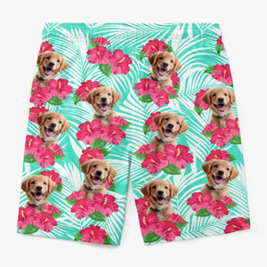 Short de plage hawaïen personnalisé avec photo « Que l'été commence » pour chien et chat, short de plage hawaïen tropical Aloha pour homme - Cadeau de vacances d'été, cadeau d'anniversaire pour propriétaires d'animaux et amoureux des animaux.