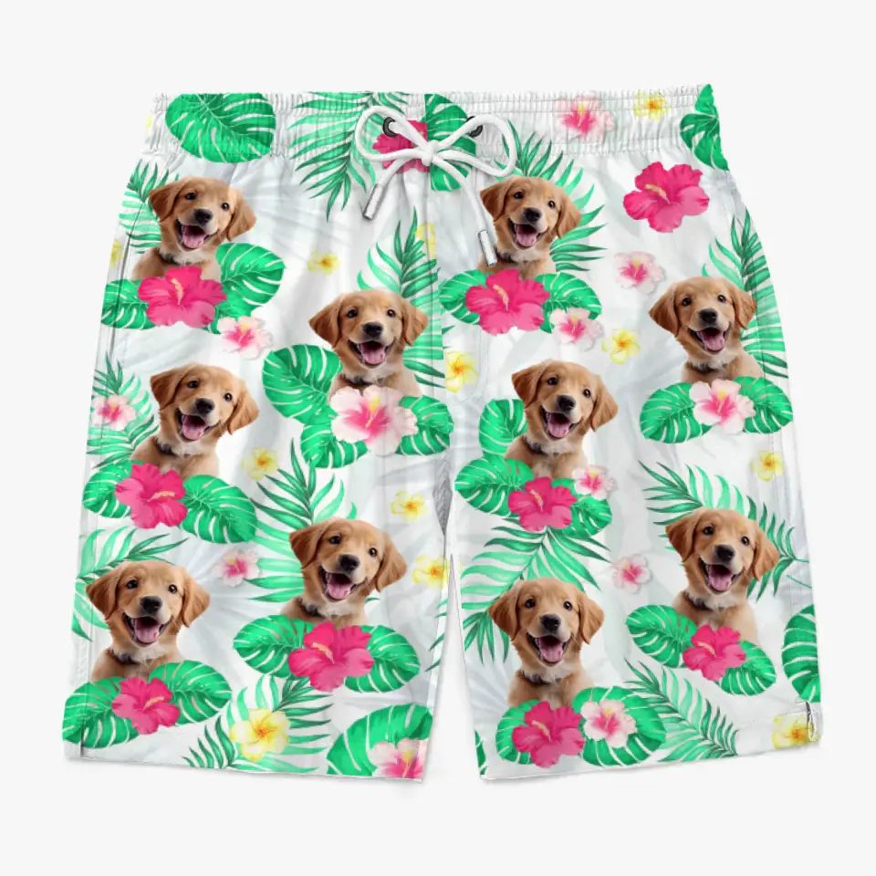 Short de plage hawaïen personnalisé avec photo « Ne vous inquiétez pas, soyez heureux » pour chien et chat. Short de plage hawaïen tropical Aloha pour homme. Cadeau idéal pour les vacances d'été, les anniversaires et les amoureux des animaux.