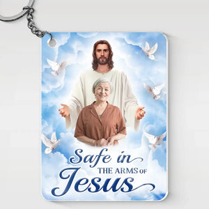 Porte-clés photo personnalisé « En sécurité dans les bras de Jésus » - Porte-clés personnalisé en acrylique - Cadeau de condoléances pour les membres de la famille