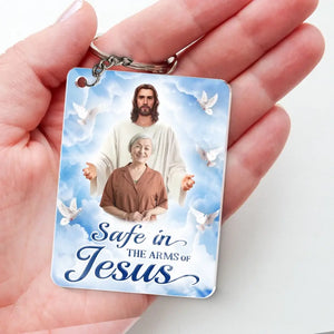 Porte-clés photo personnalisé « En sécurité dans les bras de Jésus » - Porte-clés personnalisé en acrylique - Cadeau de condoléances pour les membres de la famille